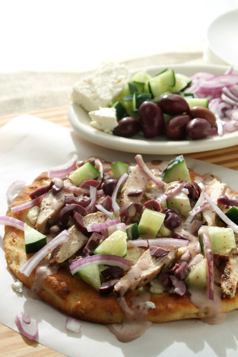 Greek Salad Pizza with Grilled Chicken - Drew’s Organics