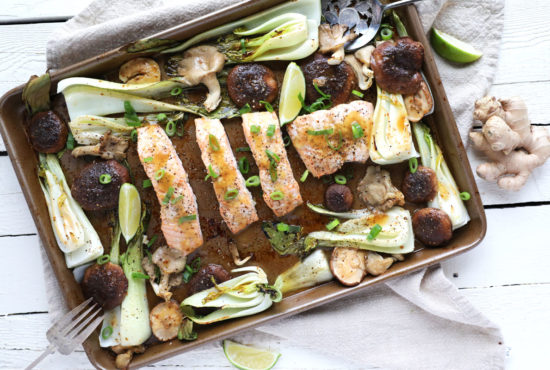 Orange Sesame Ginger Sheet Pan Salmon with Bok Choy and Mushrooms