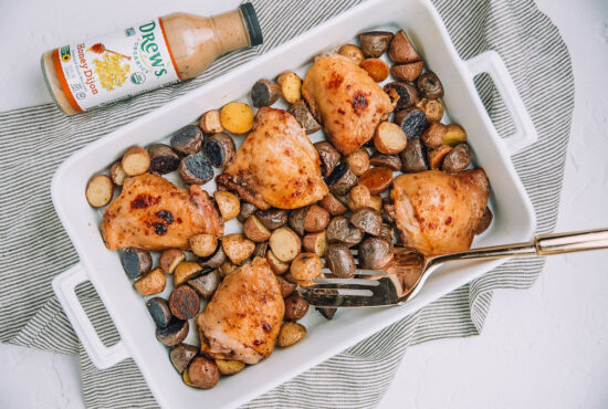 Honey Dijon Chicken Thighs with Rainbow Potatoes