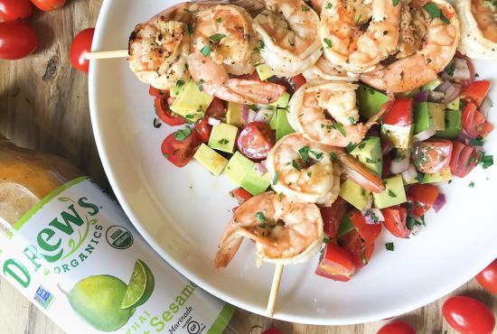 Thai Coconut Shrimp Skewers with Avocado Tomato Salad